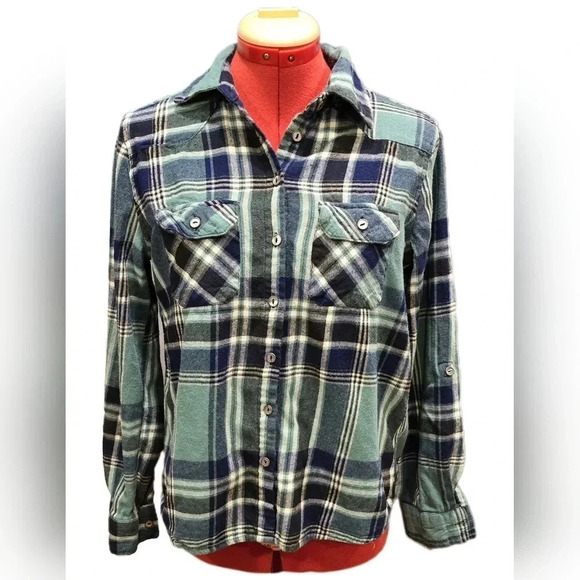 Justify Tops - Justify, Size L, Teal and Black Roll-Tab Button-Down Shirt